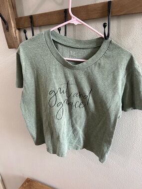 Grit and Grace Olive Crop Tee - Women's Casual Crew Neck
